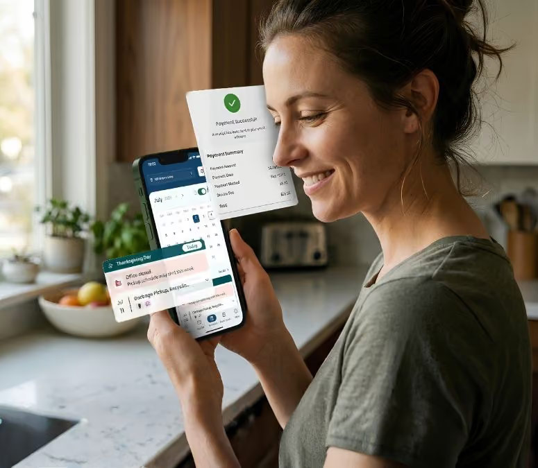 Resident viewing pickup schedule and payment alerts in the WasteConnect+ app