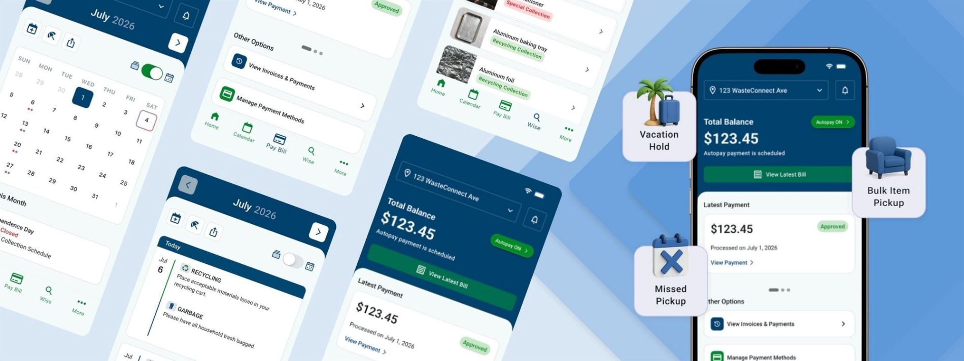 WasteConnect+ mobile app screens showing account balance and service options