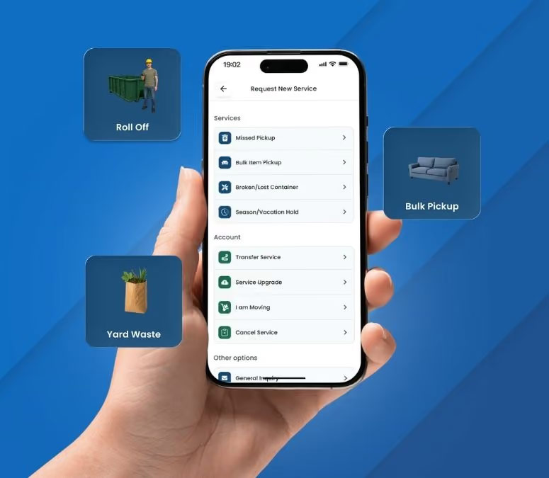 WasteConnect+ app screen for requesting roll-off, bulk pickup and yard waste services