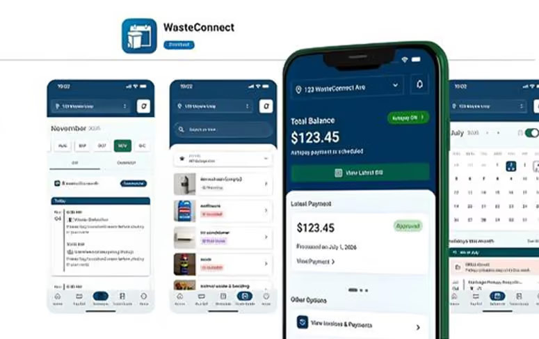 WasteConnect+ app screens for pickup calendar, payments and recycling